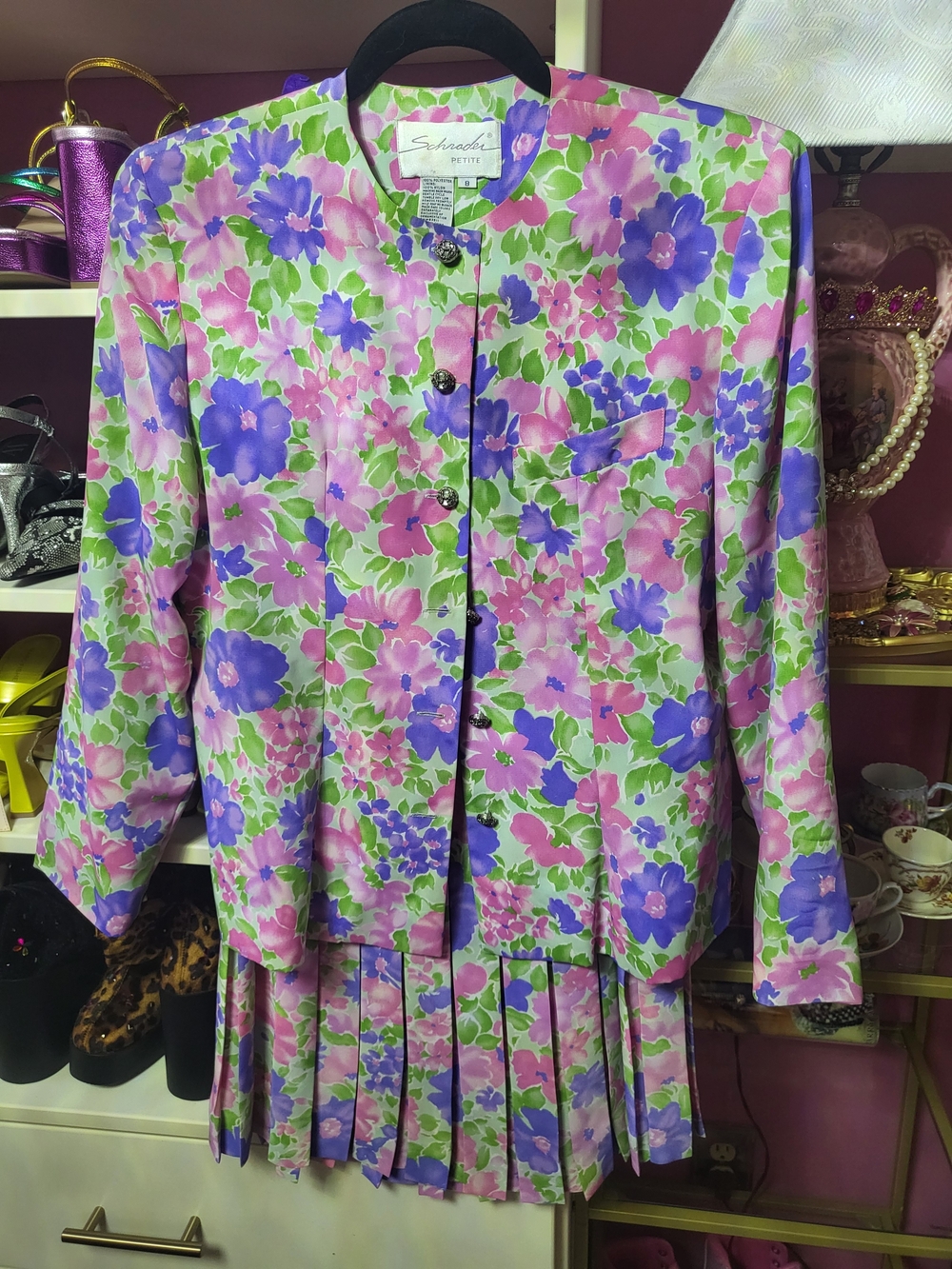 Vintage Floral Blazer Jacket & Skirt Set in Pink, Purple & Green